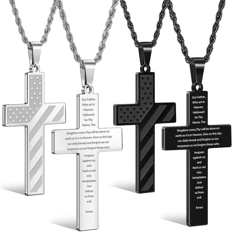 ROMASS 2Pcs Cross Necklace for Men Boys, Bible Verse Christmas Gifts Stainless Steel Silver Black American Flag Chains for Men Pendant Jewelry Box - Image 1